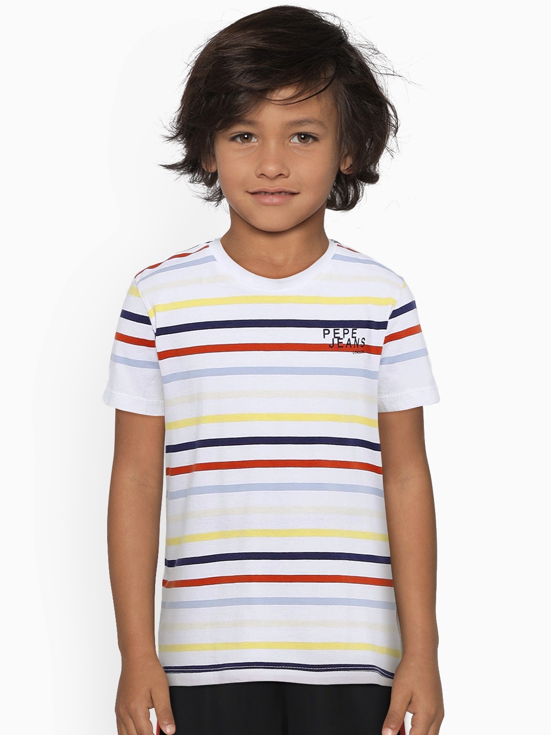 

Pepe Jeans Boys Multi-Coloured HARVEY SS IP Striped Round Neck Pure Cotton T-shirt