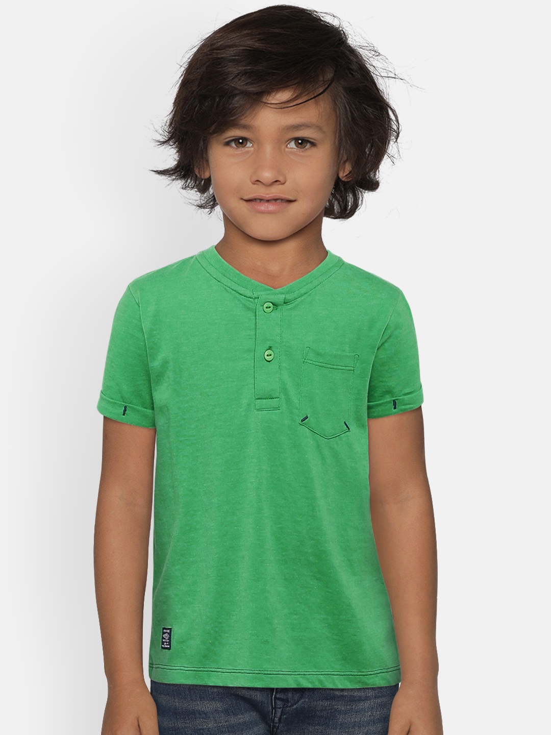 

Pepe Jeans Boys Green Solid Henley Neck Pure Cotton T-shirt