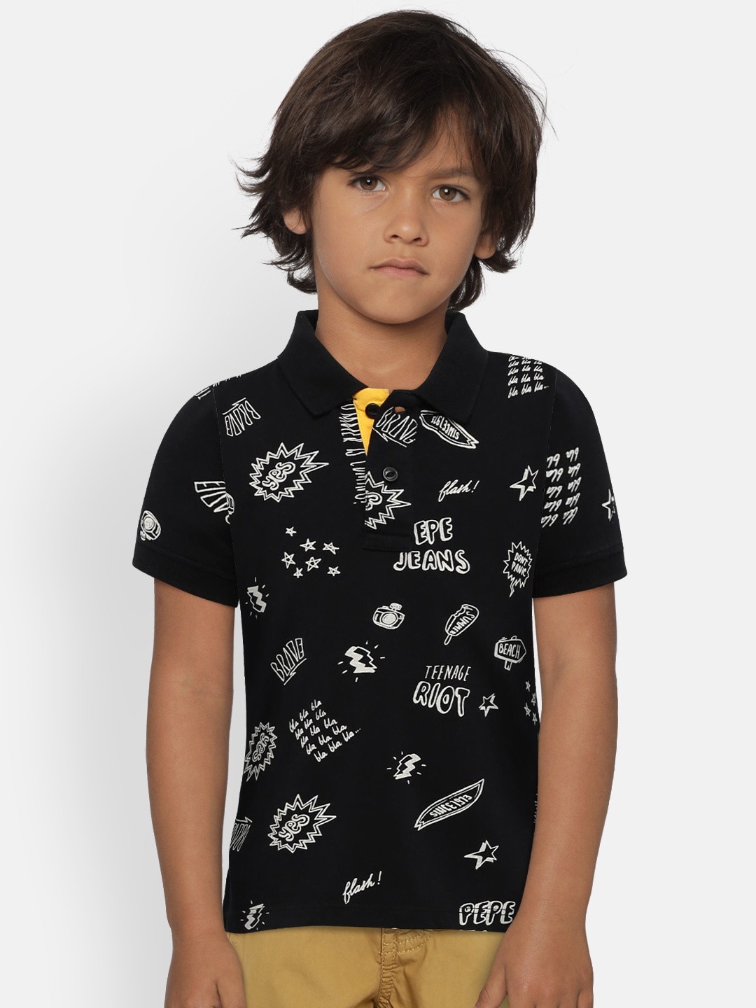

Pepe Jeans Boys Black Printed Polo Collar T-shirt