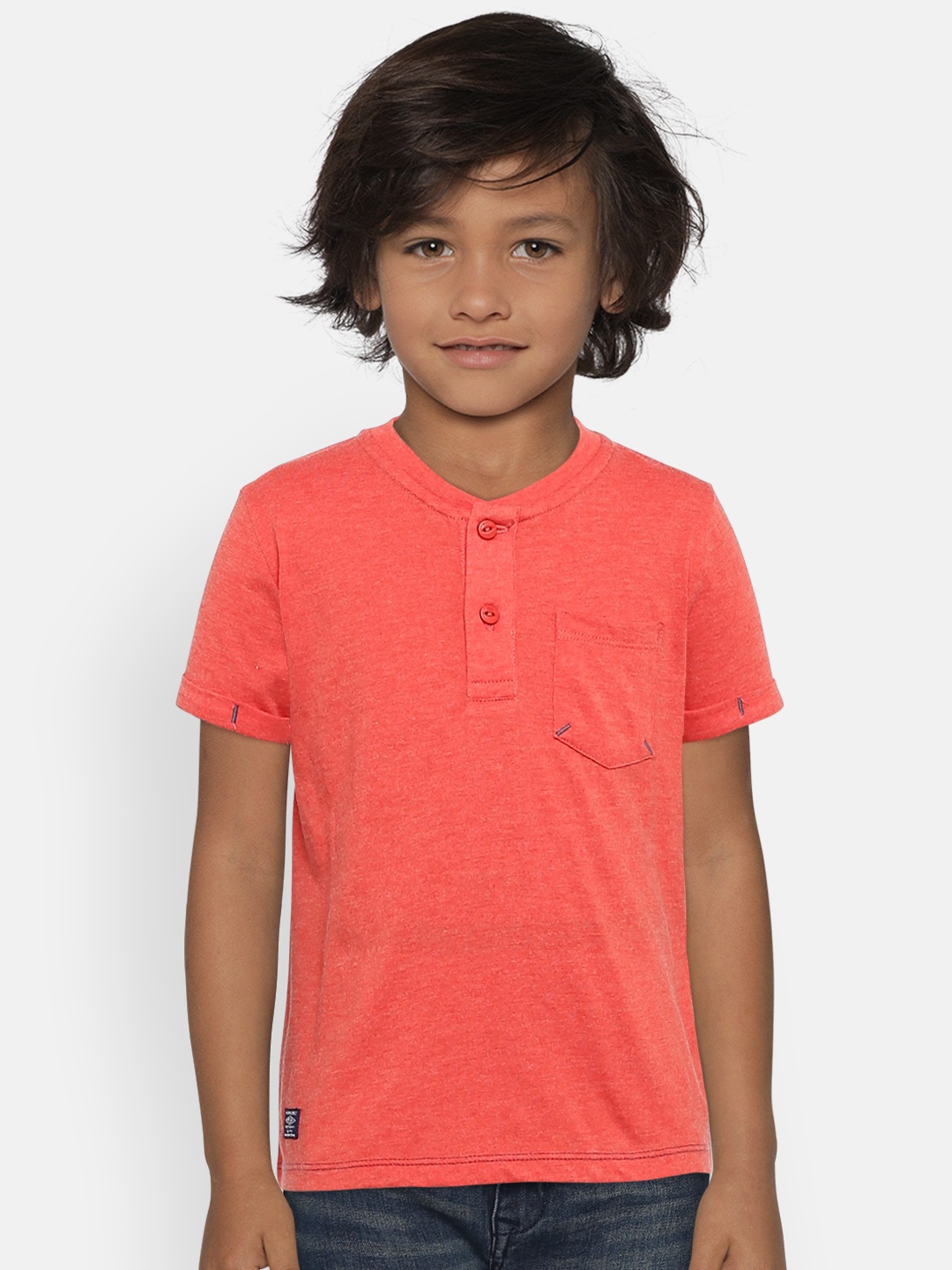 

Pepe Jeans Boys Coral Red Solid Henley Neck T-shirt