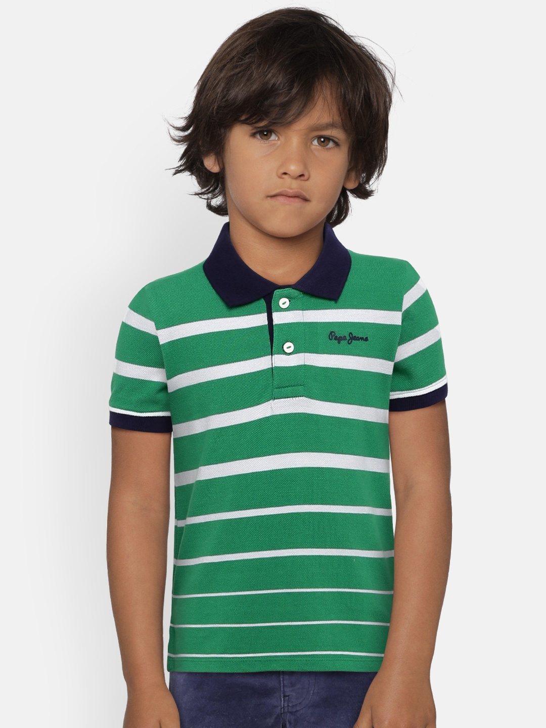 

Pepe Jeans Boys Green & White Striped Polo Collar T-shirt