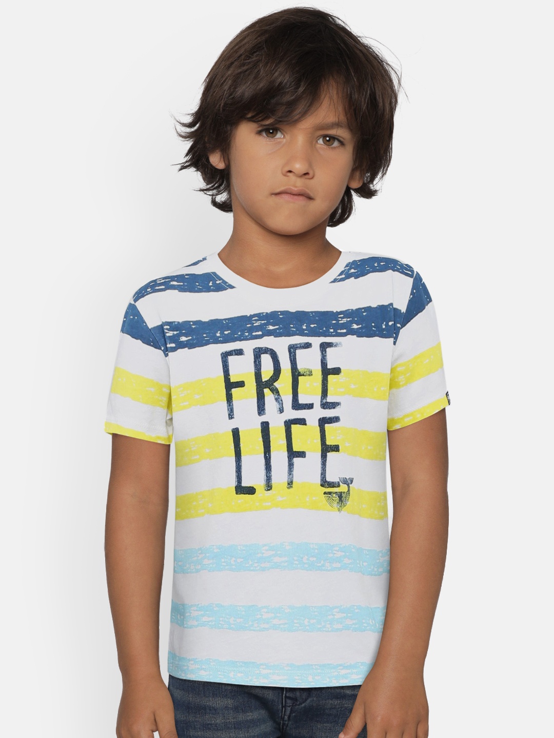 

Pepe Jeans Boys Yellow & White Striped Round Neck T-shirt