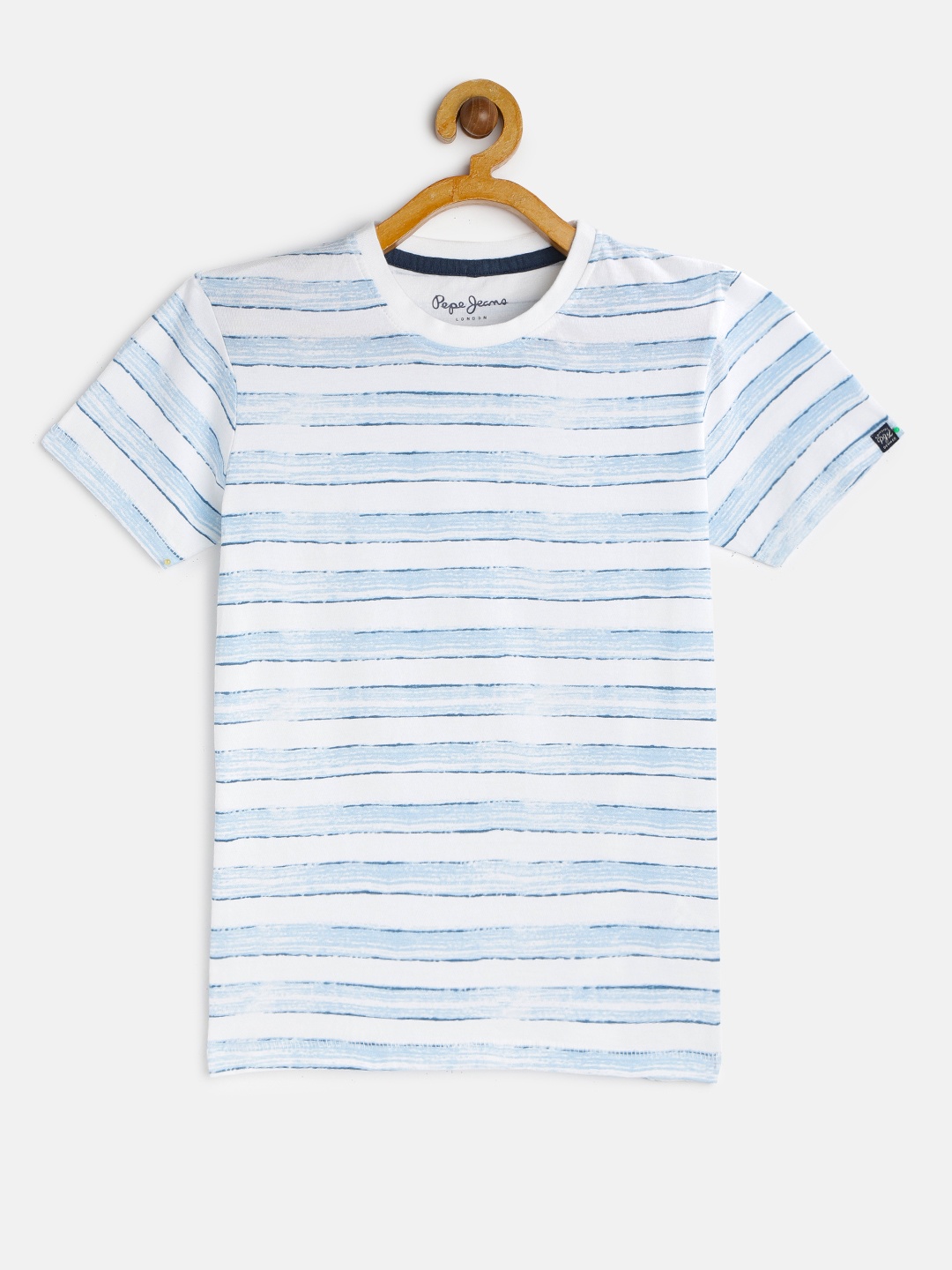 

Pepe Jeans Boys Blue White Striped Round Neck Pure Cotton T-shirt