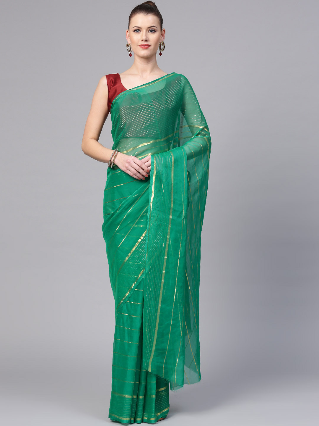 

Saree mall Green & Golden Self Striped Saree