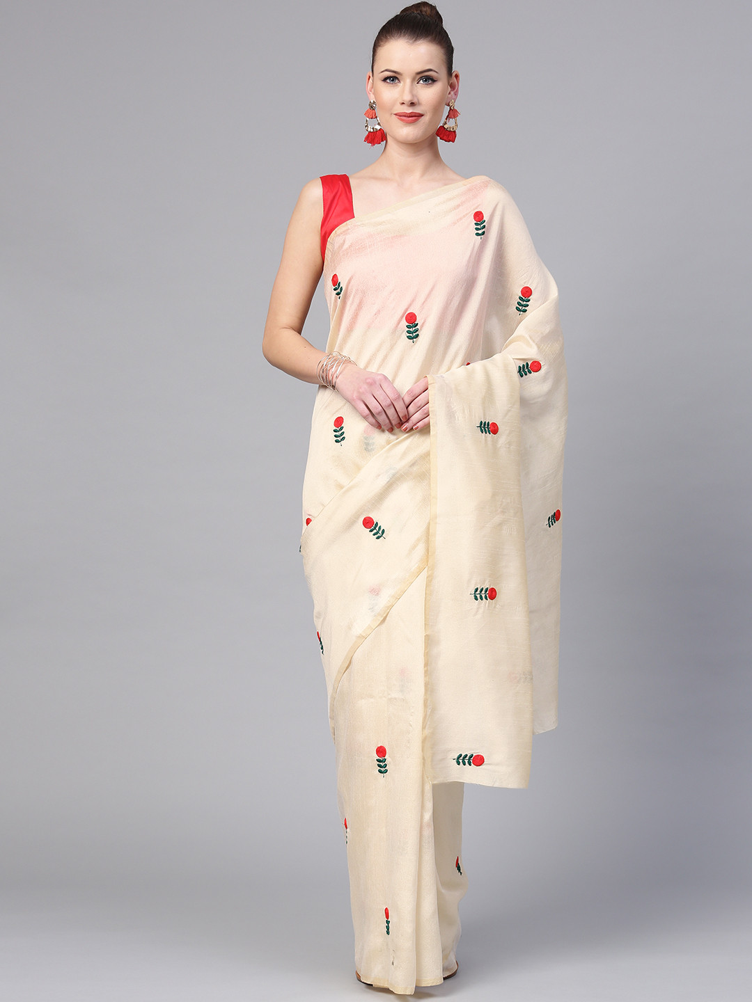 

Saree mall Cream-Coloured & Red Embroidered Saree