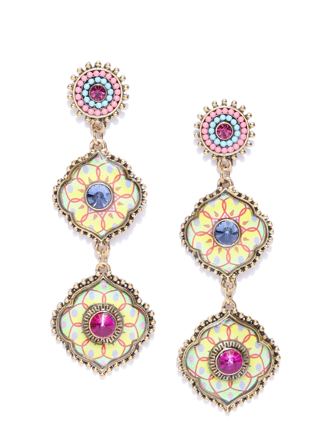 

Jewels Galaxy Pink & Yellow Antique Gold-Plated Handcrafted Classic Drop Earrings