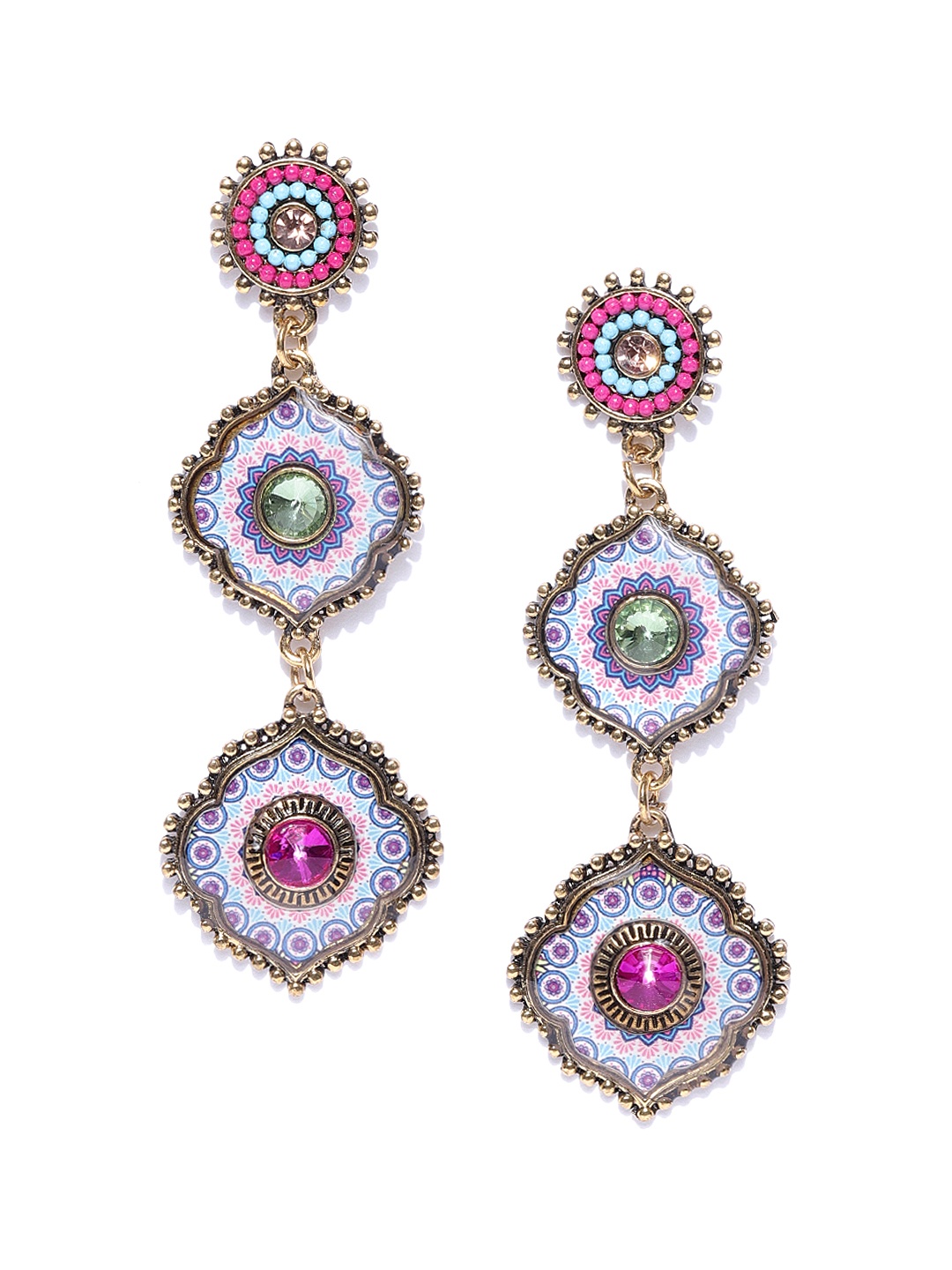 

Jewels Galaxy Pink & Blue Antique Gold-Plated Handcrafted Classic Drop Earrings