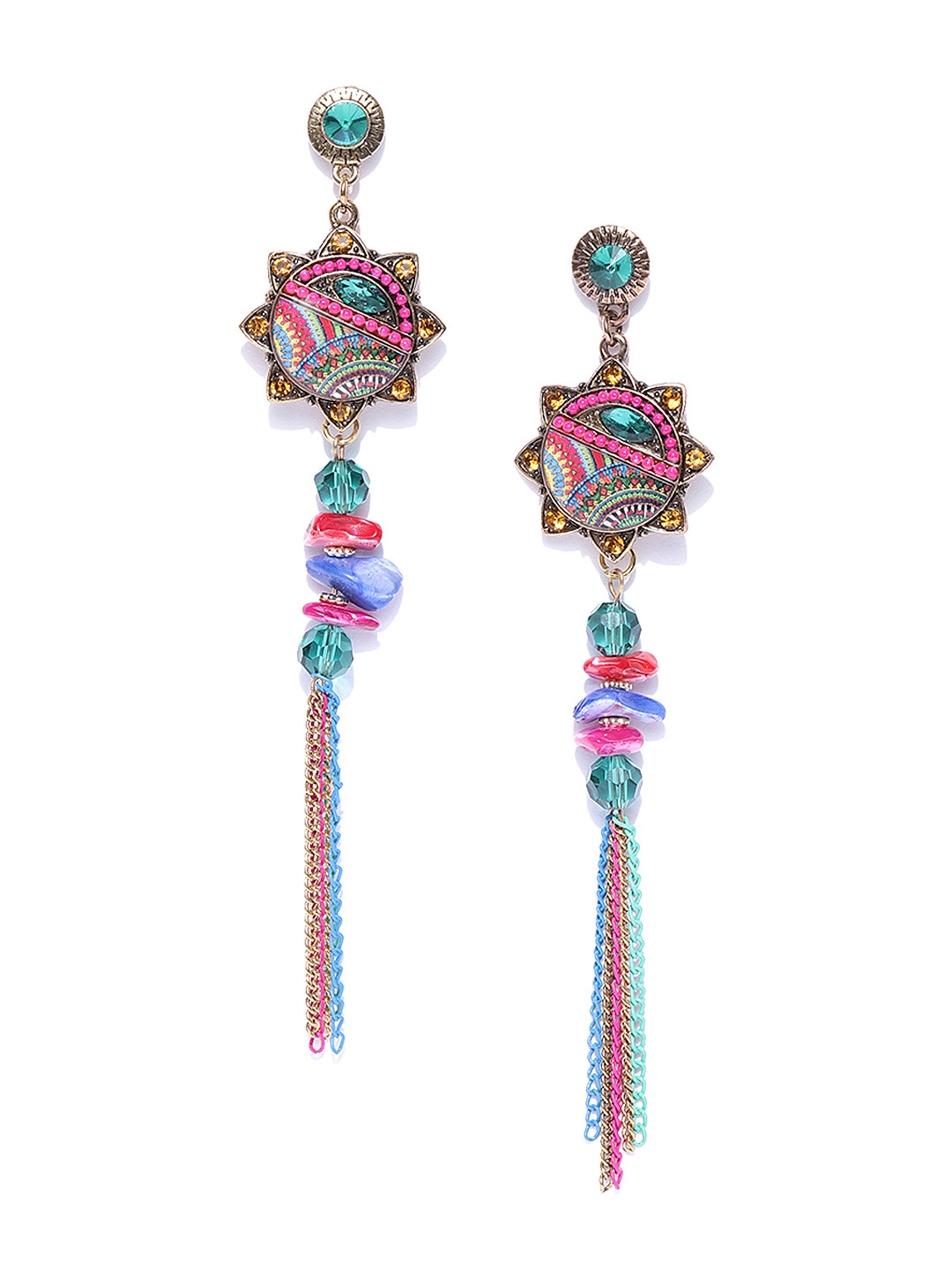 

Jewels Galaxy Pink & Blue Gold-Plated Stone-Studded Handcrafted Contemporary Drop Earrings