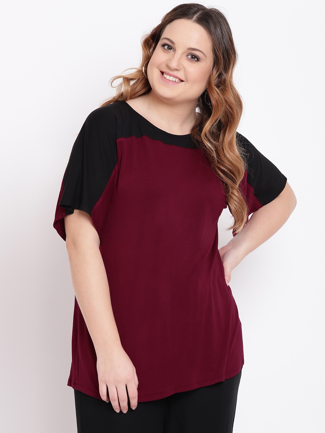 

The Pink Moon Plus Size Women Burgundy Black Colourblocked Top