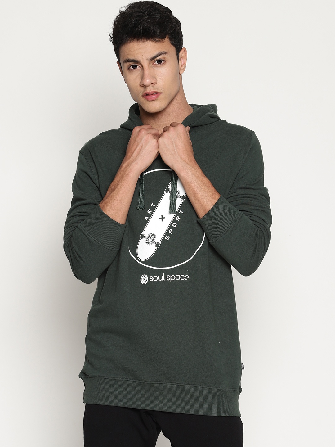 

Soul Space Men Green Printed Hooded Sweatshirt