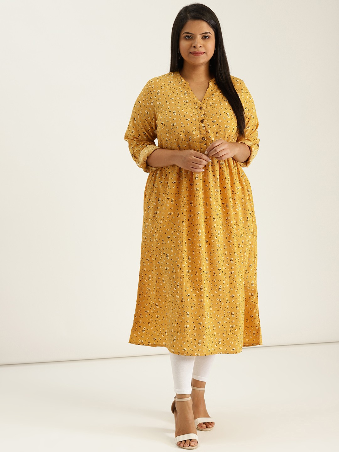 

Sztori Plus Size Women Mustard Yellow Black Printed A-Line Kurta