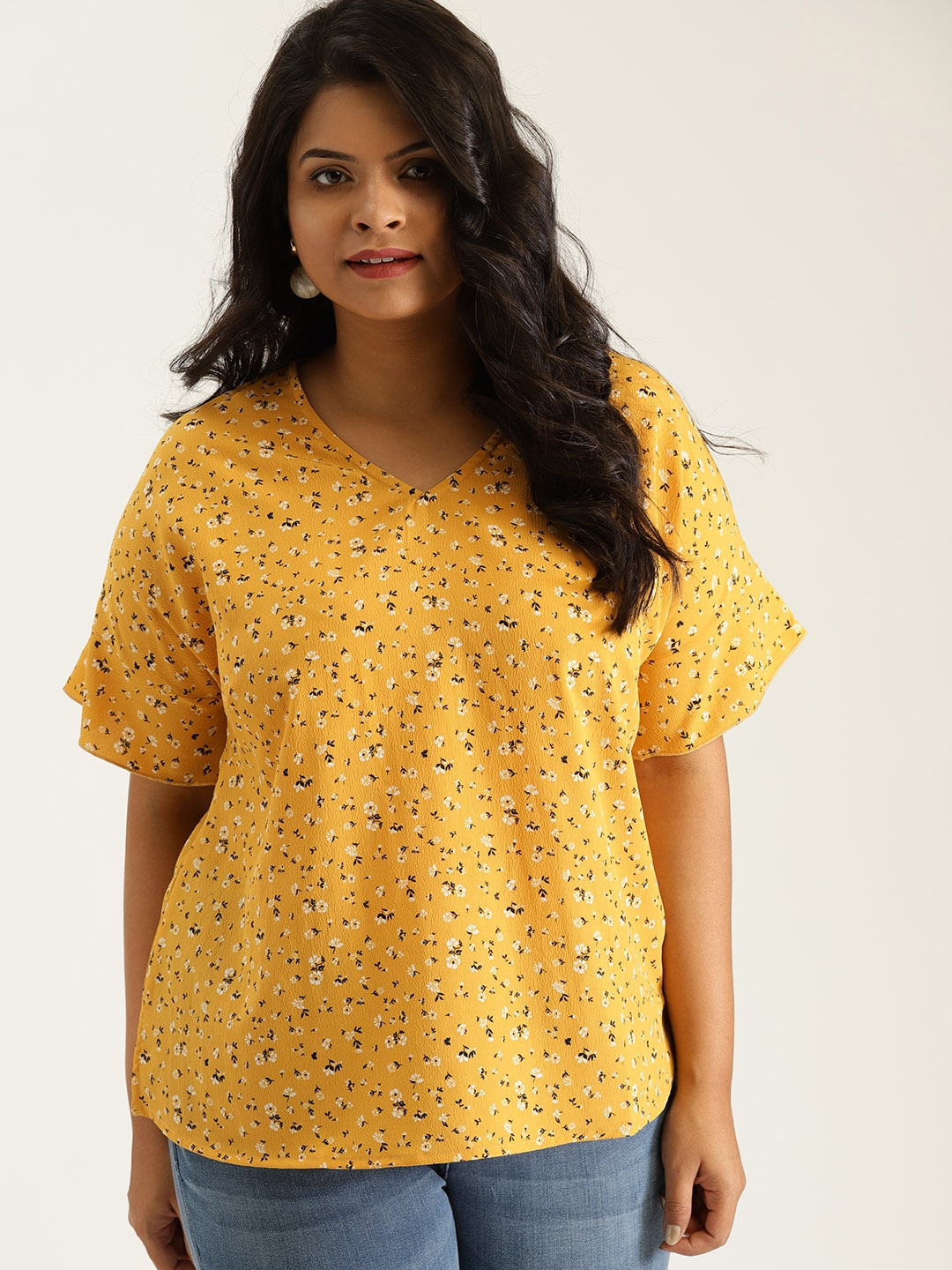 

Sztori Plus Size Mustard Yellow Floral Top With Extended Sleeves