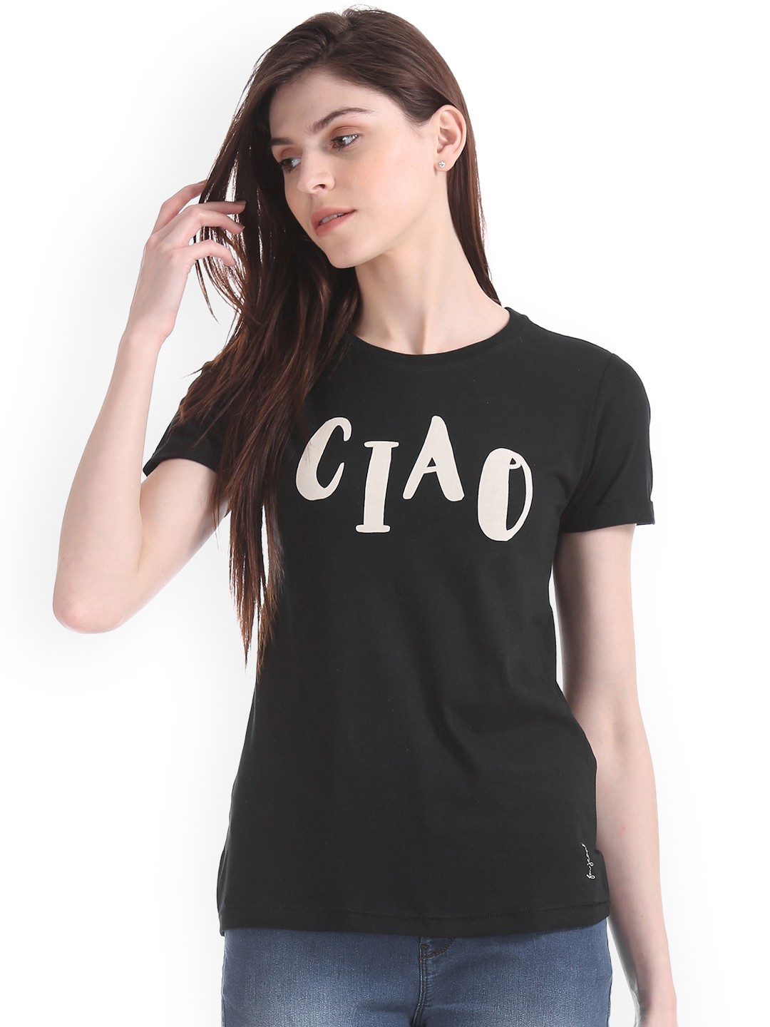 

Flying Machine Women Black Printed Round Neck Pure Cotton T-shirt
