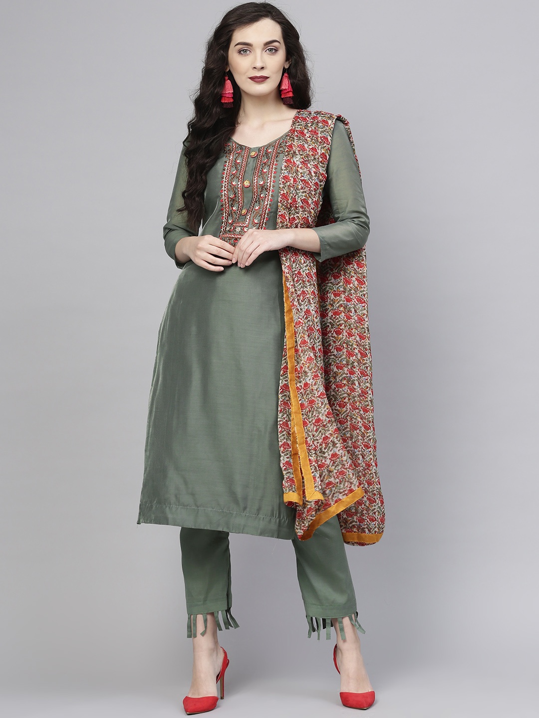 

Saree mall Olive Green Solid Semi-Stitched Dress Material