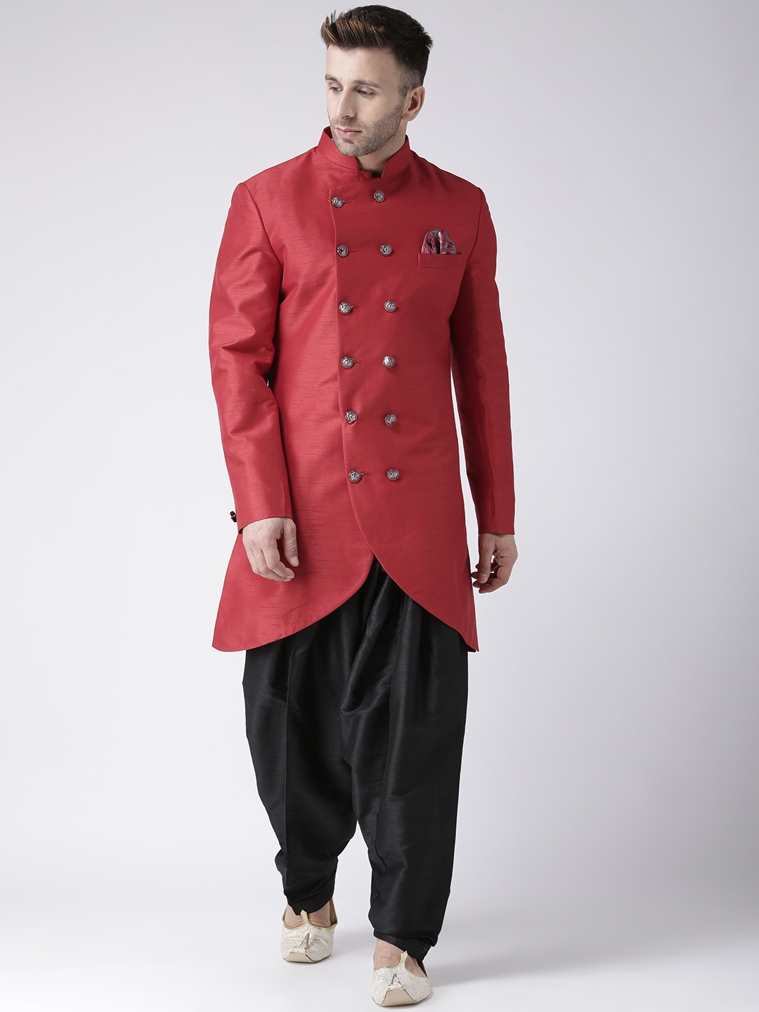 

Hangup Men Red Solid Sherwani Kurta