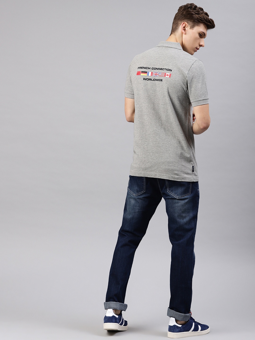 

French Connection Men Grey Melange Solid Polo Collar Pure Cotton T-shirt