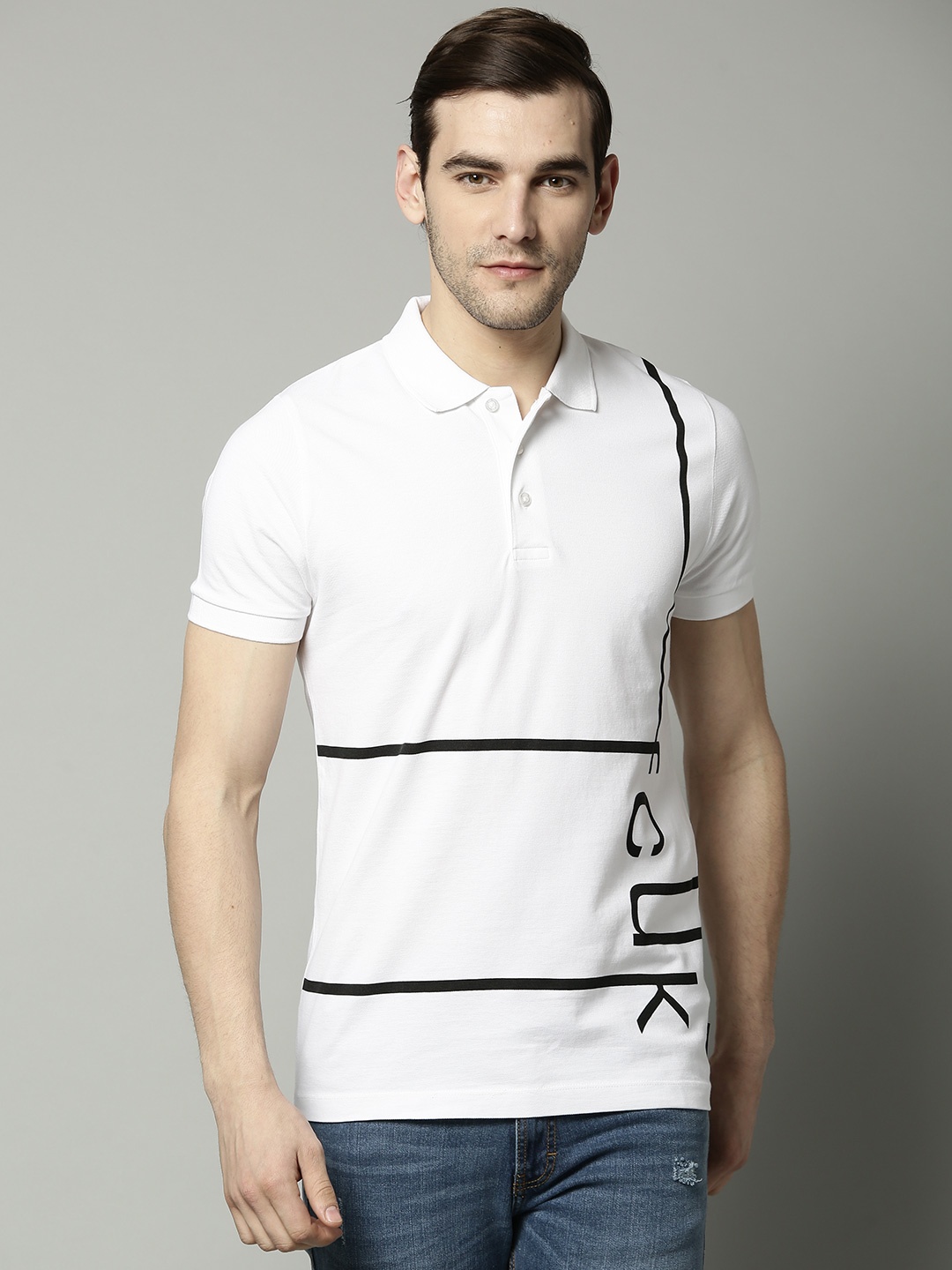 

French Connection Men White Printed Polo Collar Pure Cotton T-shirt