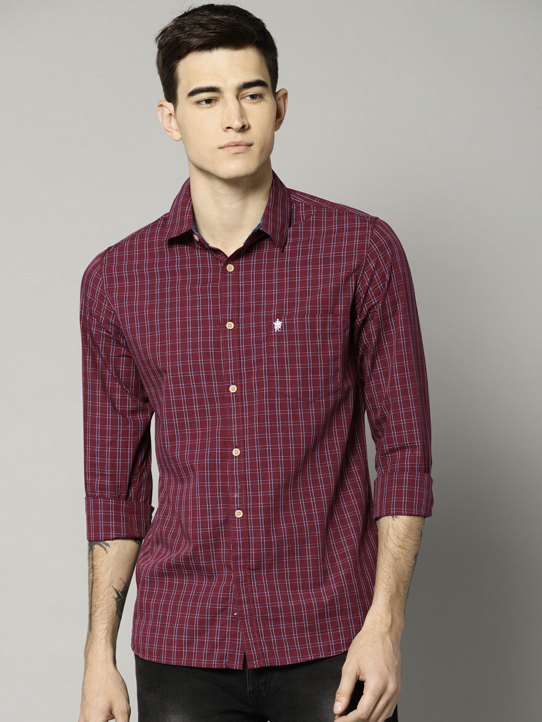 

French Connection Men Maroon & Off-White Regular Fit Checked Casual Shirt