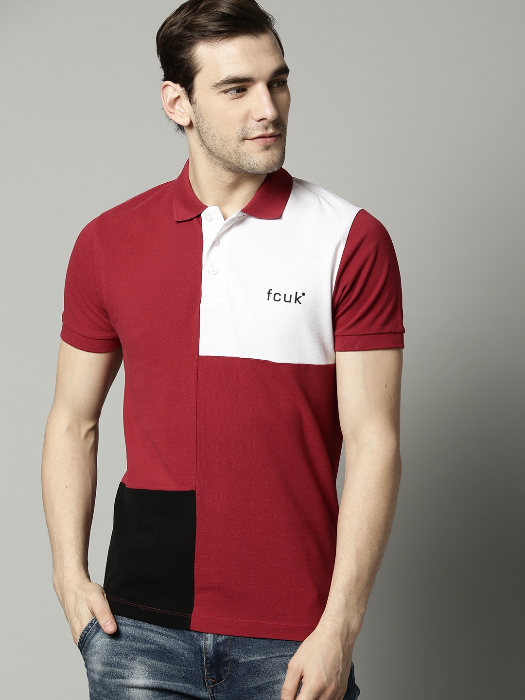 

French Connection Men Maroon White Colourblocked Polo Collar Pure Cotton T-shirt