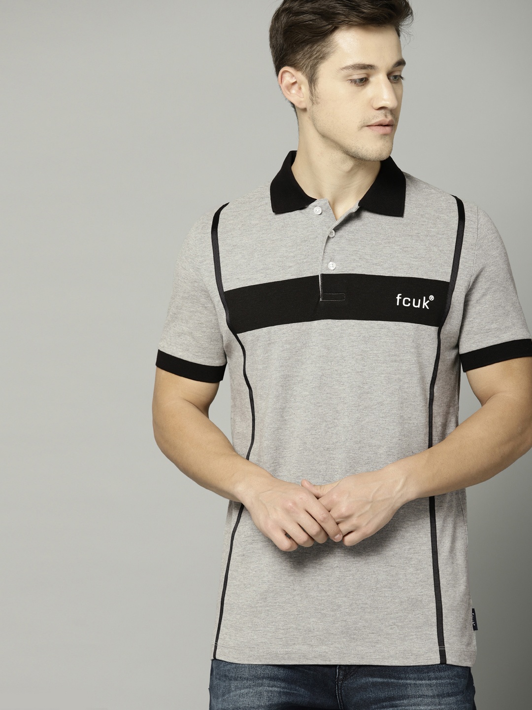 

French Connection Men Grey Solid Polo T-shirt