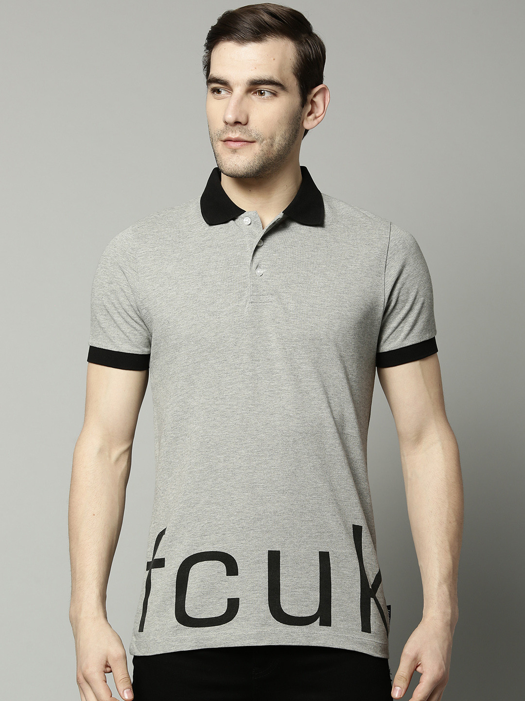 

French Connection Men Grey Melange Solid Polo Collar Pure Cotton T-shirt with Printed Detail