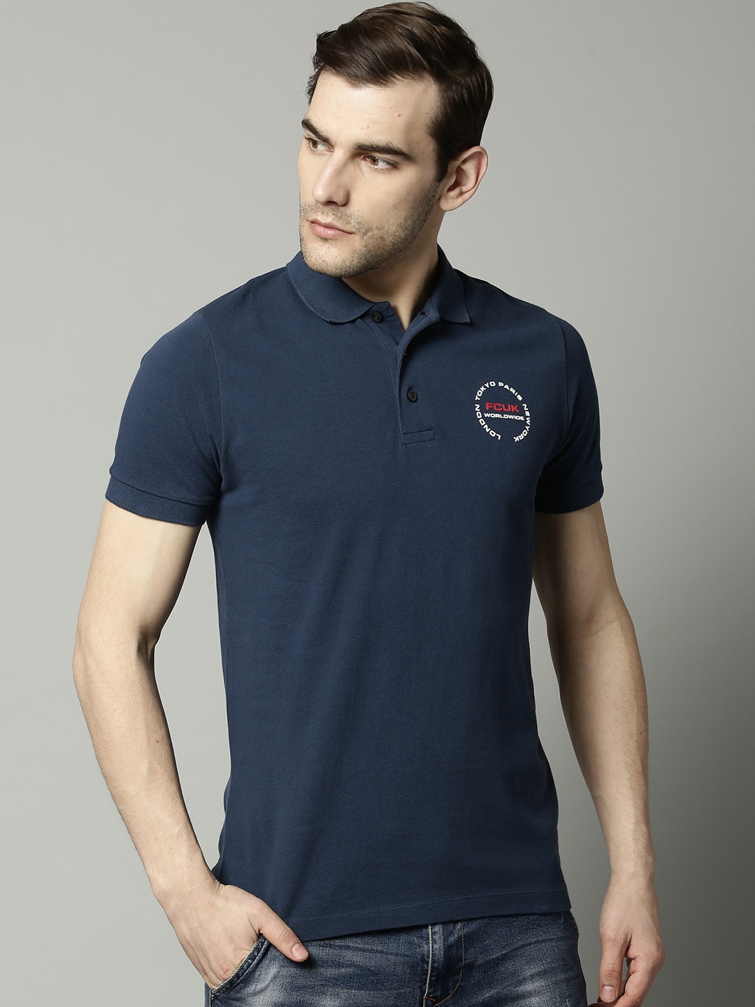 

French Connection Men Navy Blue Solid Polo Collar Pure Cotton T-shirt with Printed Back