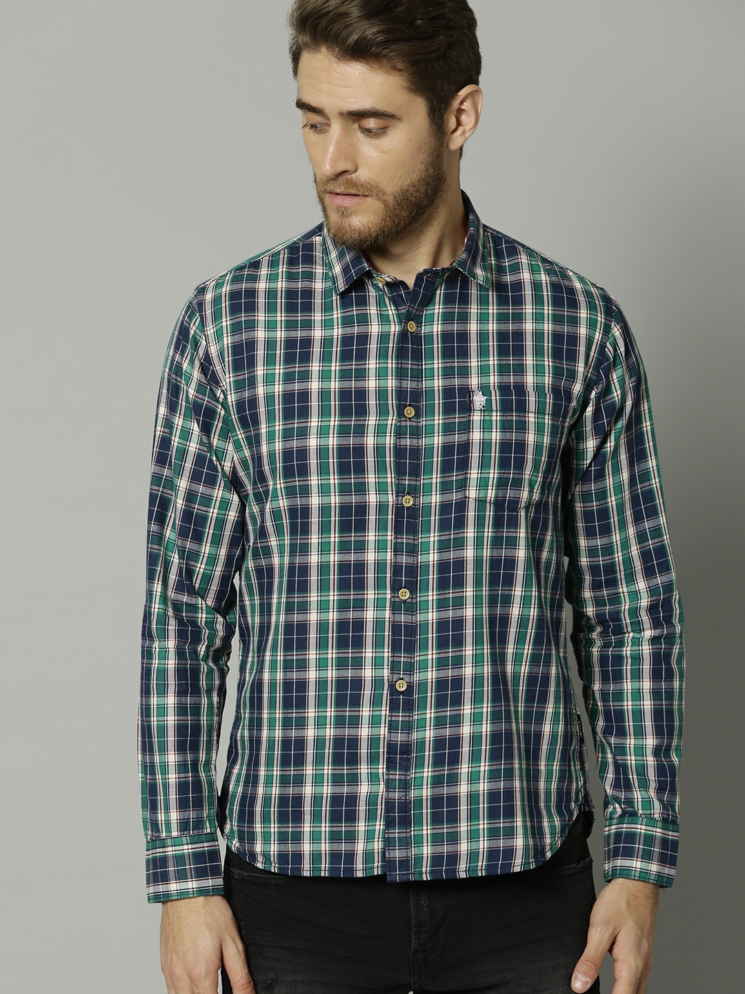 

French Connection Men Blue & Green Slim Fit Checked Casual Shirt