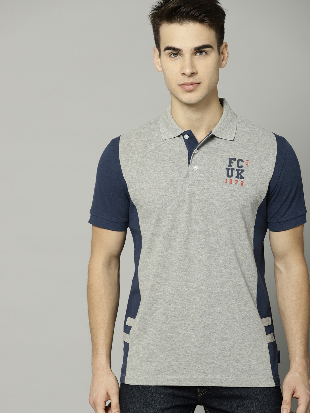 

French Connection Men Grey Melange Solid Polo T-shirt