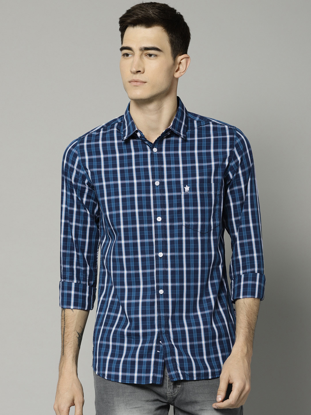 

French Connection Men Blue & White Regular Fit Checked Casual Shirt