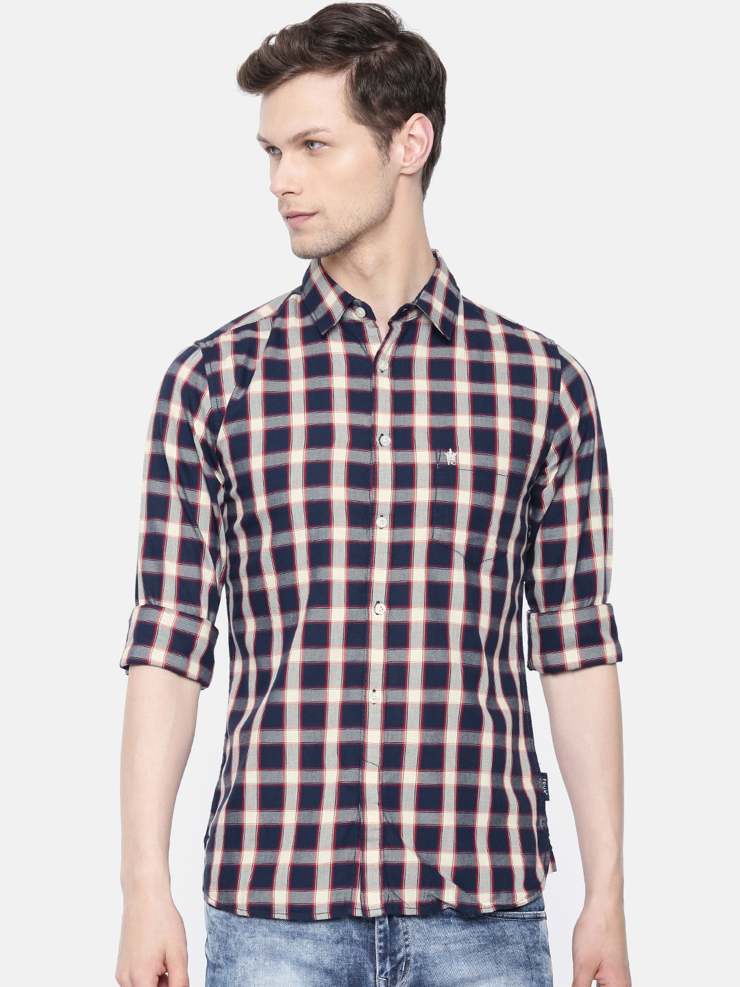 

French Connection Men Navy Blue & Beige Regular Fit Checked Casual Shirt