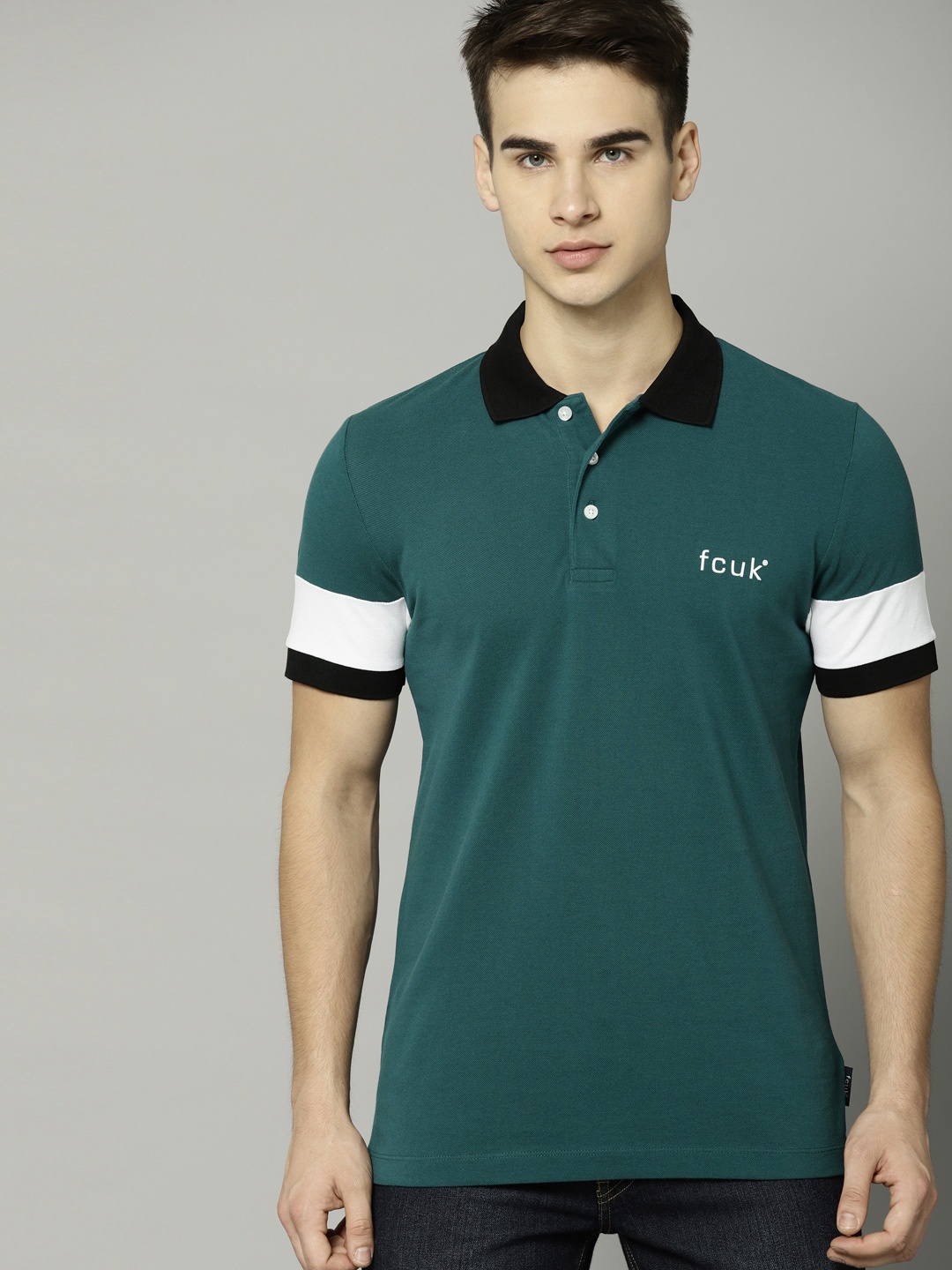 

French Connection Men Teal Green Solid Polo T-shirt