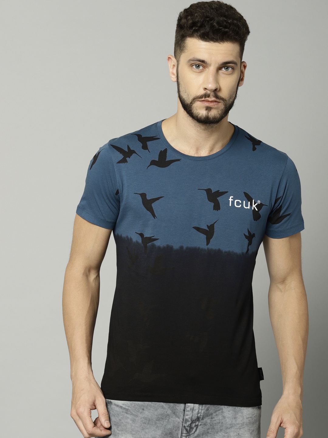 

French Connection Men Black Blue Colourblocked Round Neck Pure Cotton T-shirt