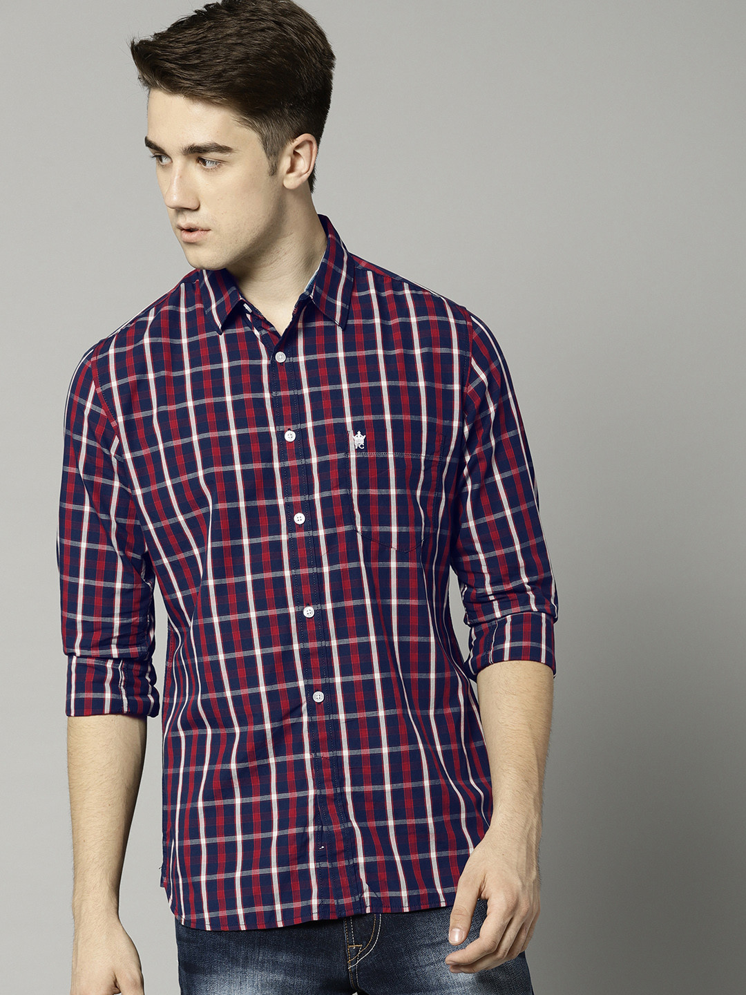 

French Connection Men Navy Blue & Red Regular Fit Checked Casual Shirt