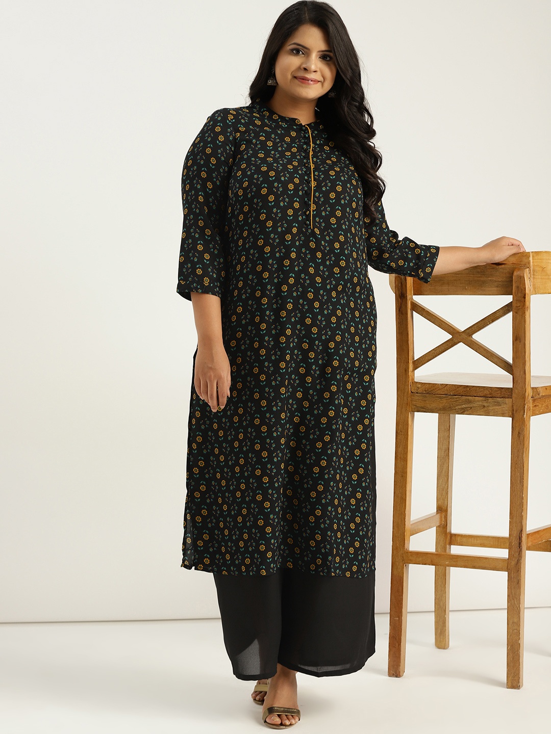 

Sztori Plus Size Women Black Yellow Printed Kurta with Palazzos