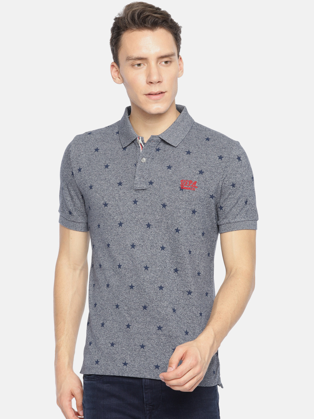 

U.S. Polo Assn. Denim Co. Men Blue Printed Polo Collar Pure Cotton T-shirt