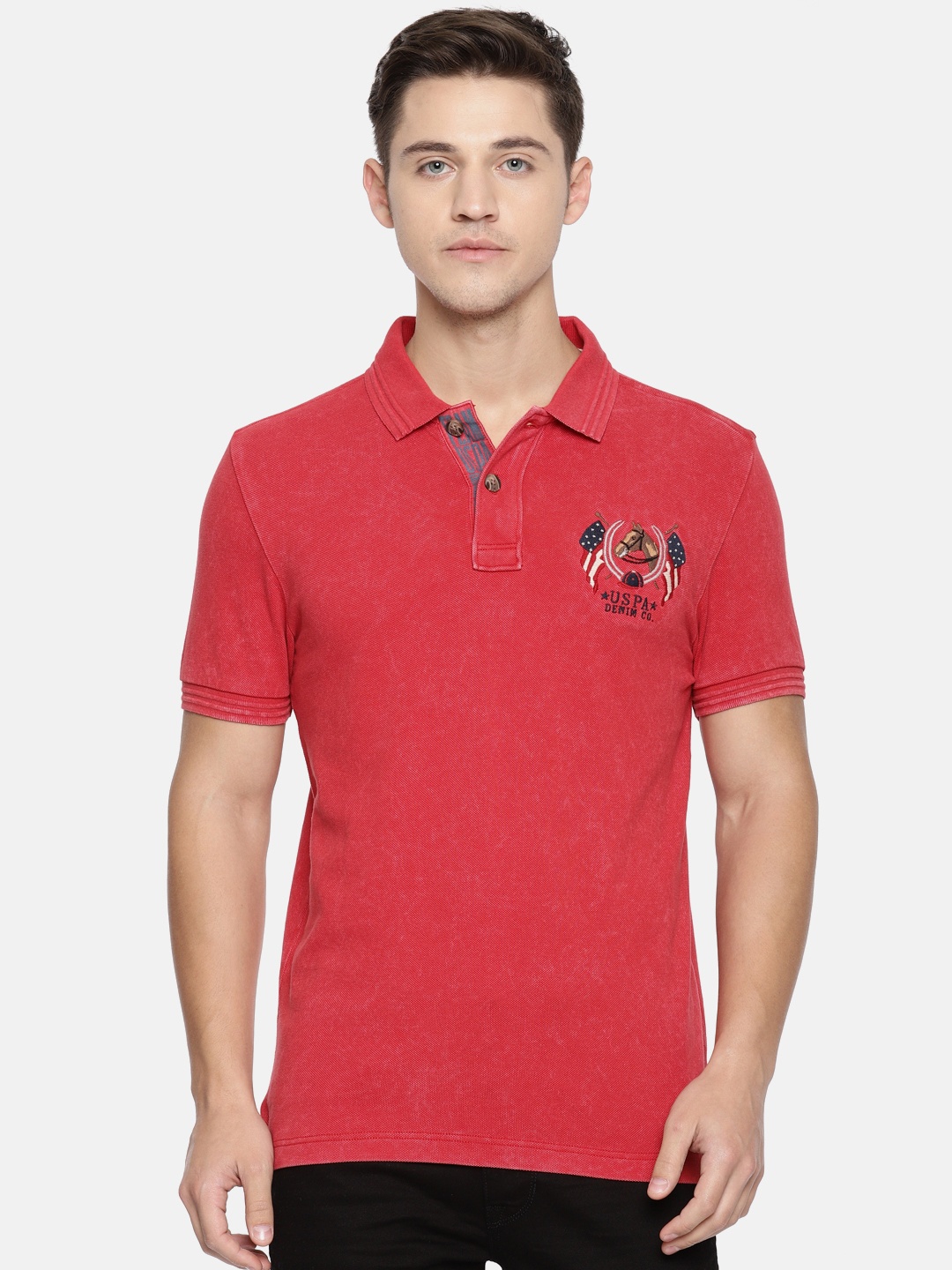 

U.S. Polo Assn. Denim Co. Men Red Solid Polo Collar Pure Cotton T-shirt