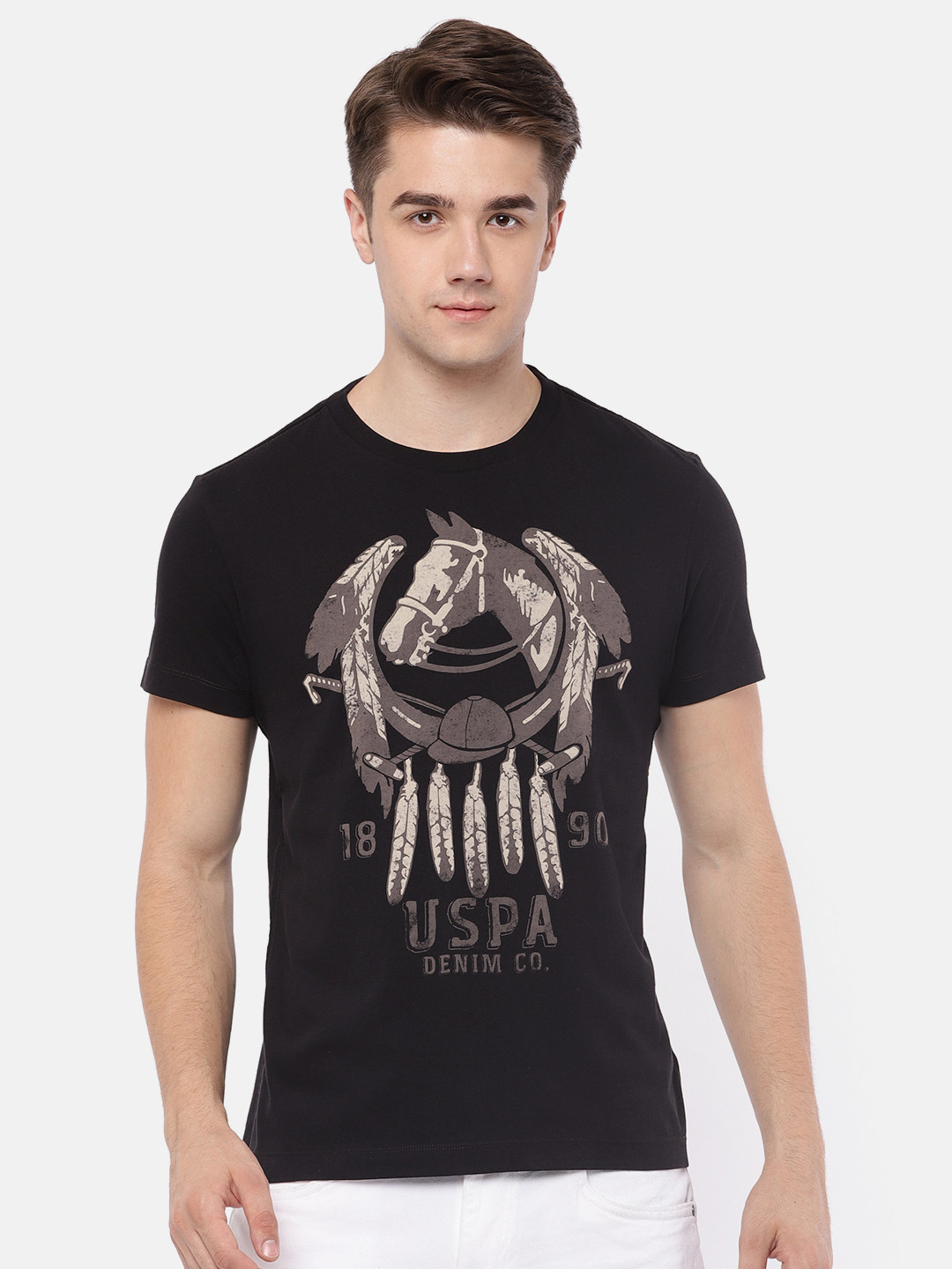 

U.S. Polo Assn. Denim Co. Men Black Printed Round Neck Pure Cotton T-shirt
