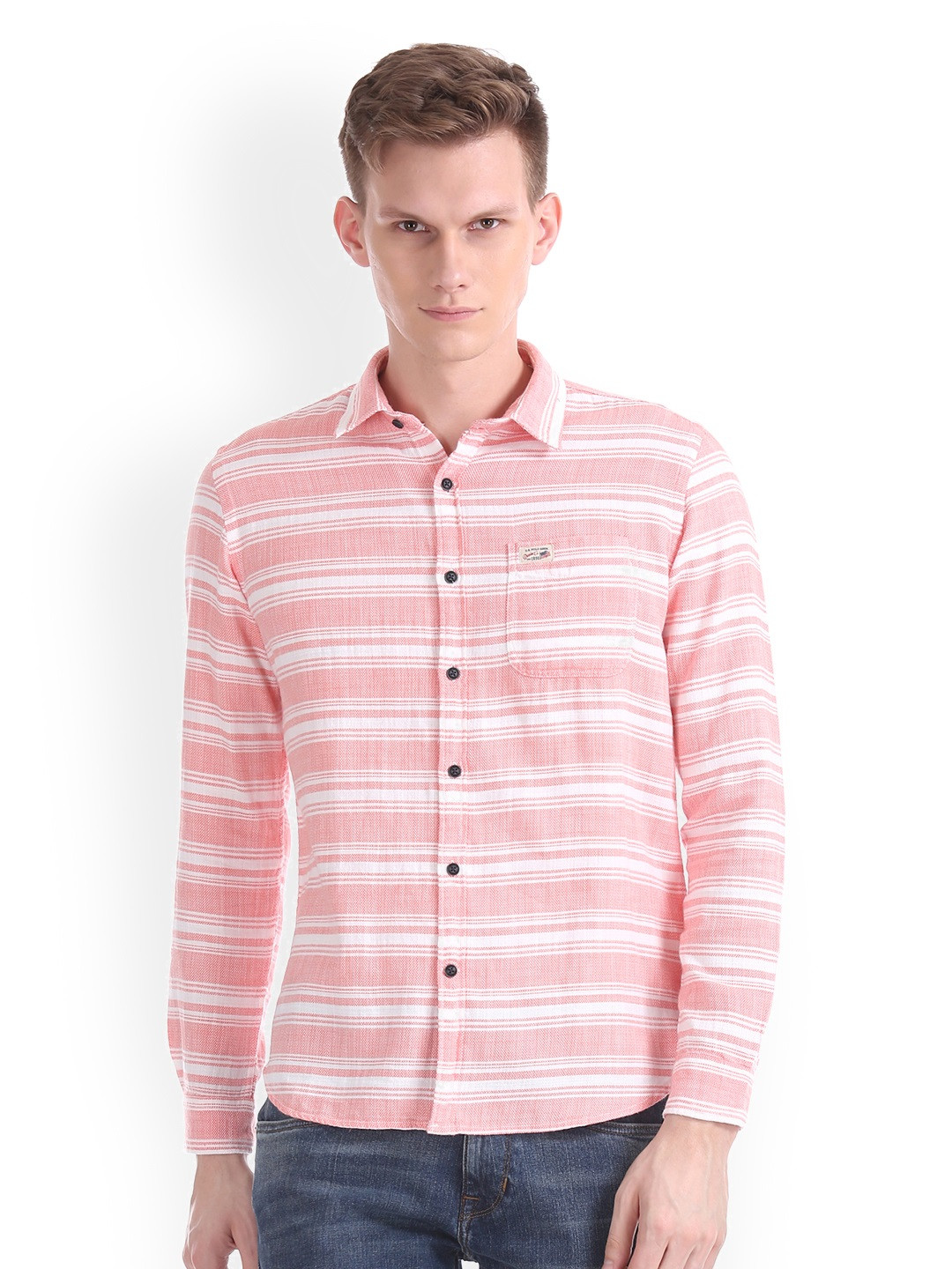 

U.S. Polo Assn. Denim Co. Men Pink & White Slim Fit Striped Casual Shirt