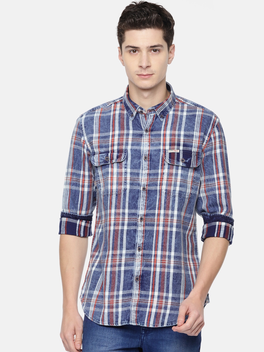 

U.S. Polo Assn. Denim Co. Men Blue & Red Regular Fit Checked Casual Shirt