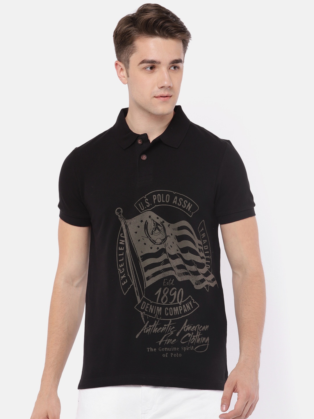 

U.S. Polo Assn. Denim Co. Men Black Printed Polo Collar Pure Cotton T-shirt