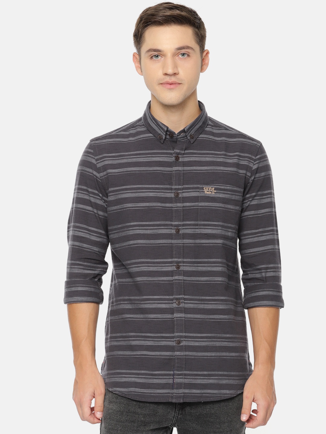 

U.S. Polo Assn. Denim Co. Men Charcoal Grey Slim Fit Striped Casual Shirt
