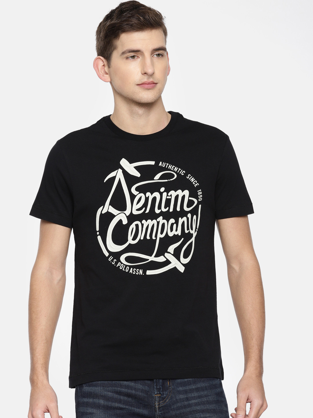 

U.S. Polo Assn. Denim Co. Men Black Printed Round Neck Pure Cotton T-shirt