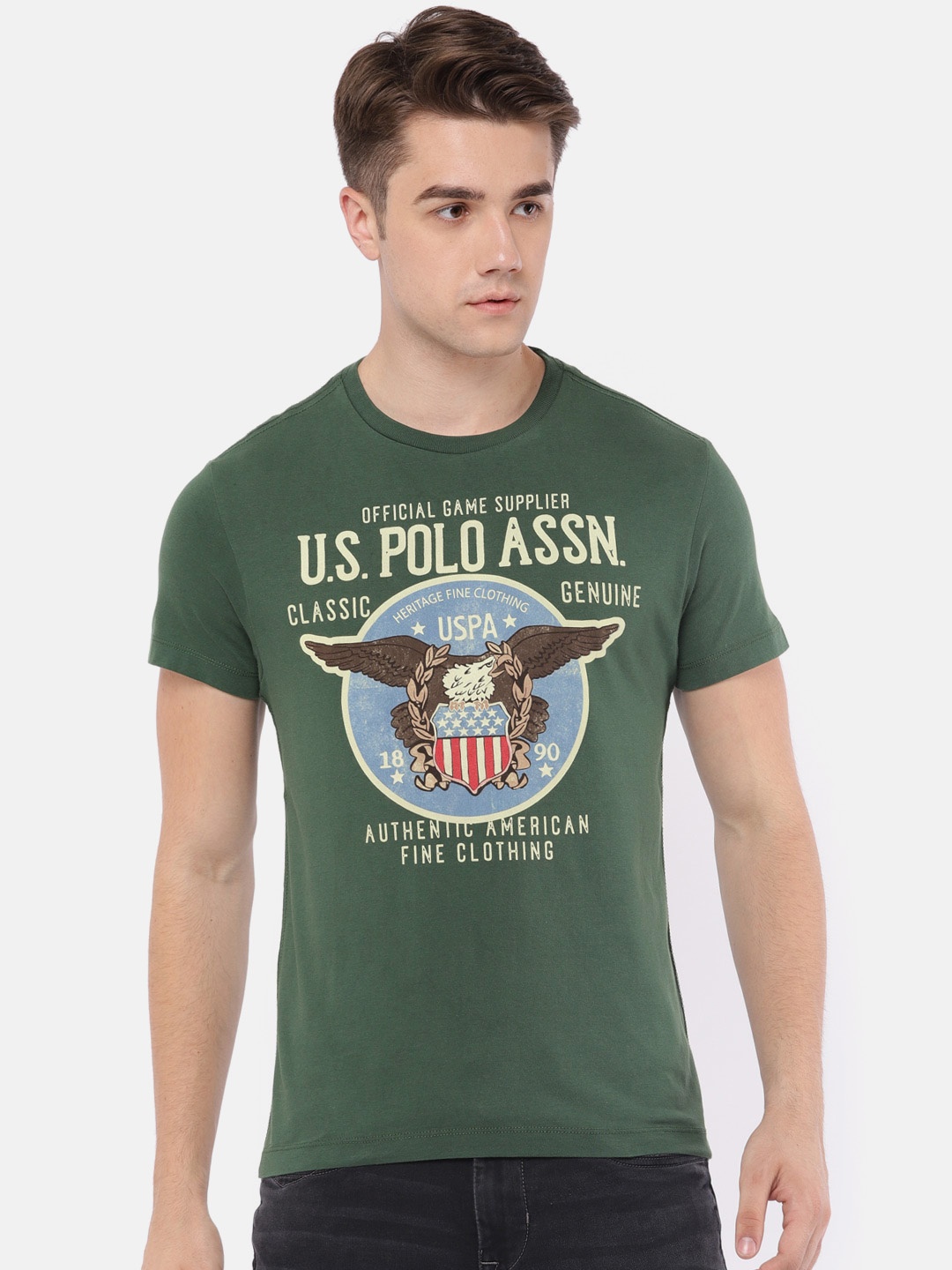 

U.S. Polo Assn. Denim Co. Men Green Printed Round Neck Pure Cotton T-shirt