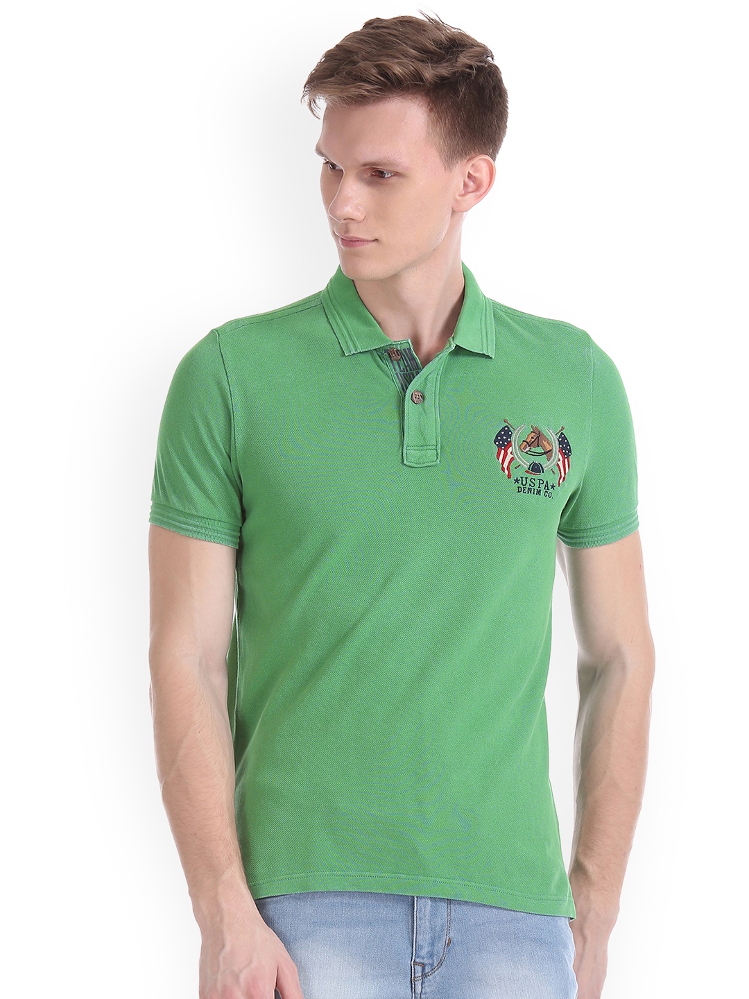 

U.S. Polo Assn. Denim Co. Men Green Solid Polo Collar Pure Cotton T-shirt