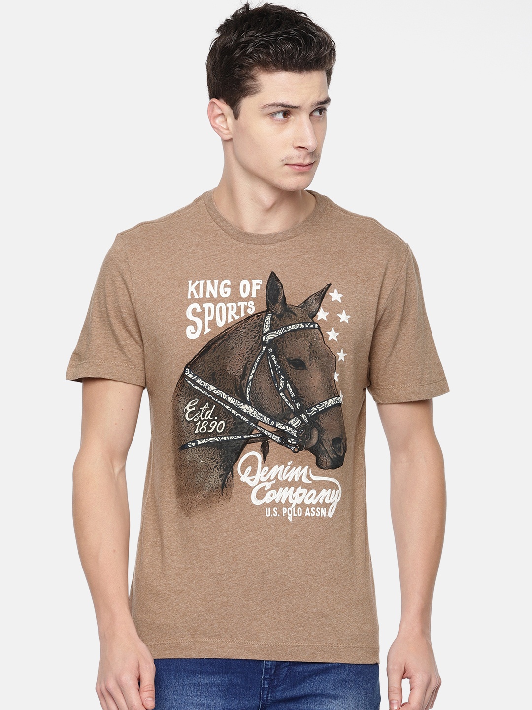 

U.S. Polo Assn. Denim Co. Men Brown Printed Round Neck Pure Cotton T-shirt