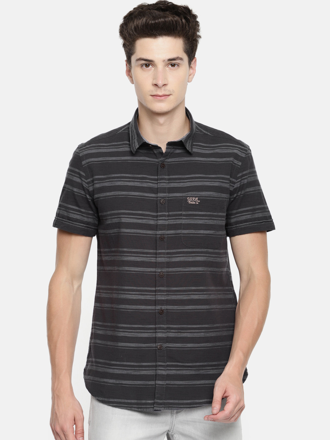 

U.S. Polo Assn. Denim Co. Men Navy Blue & Grey Regular Fit Striped Casual Shirt