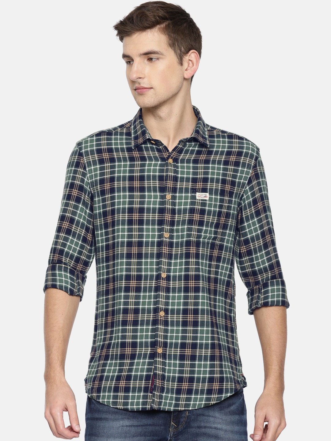 

U.S. Polo Assn. Denim Co. Men Green & Navy Slim Fit Checked Casual Shirt