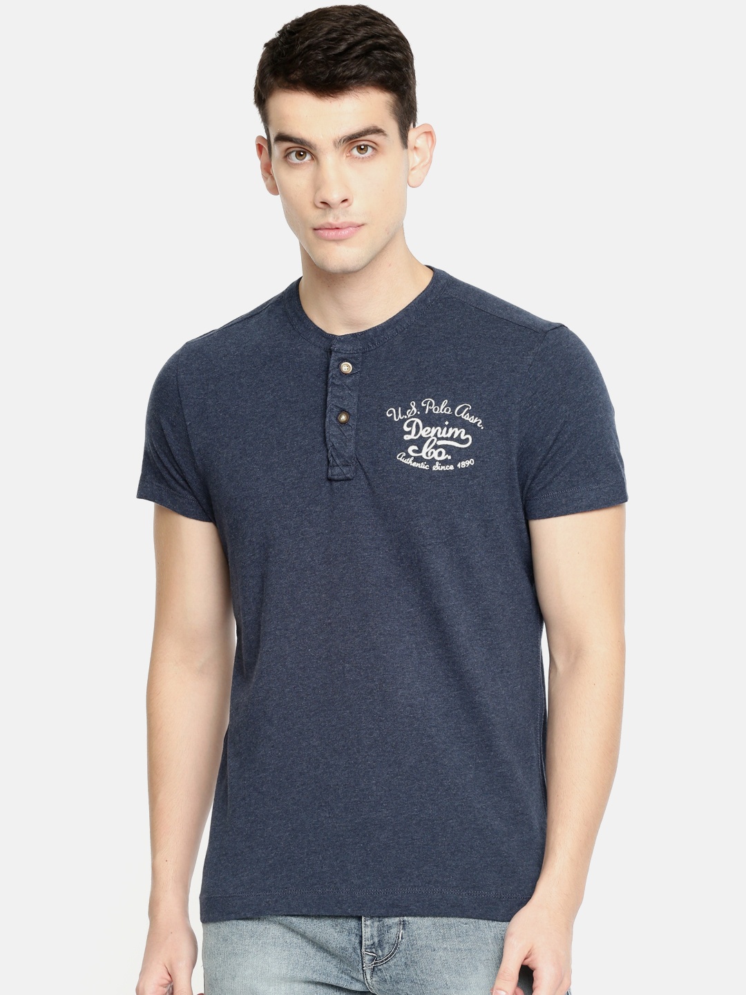 

U.S. Polo Assn. Denim Co. Men Blue Solid Henley Neck Pure Cotton T-shirt