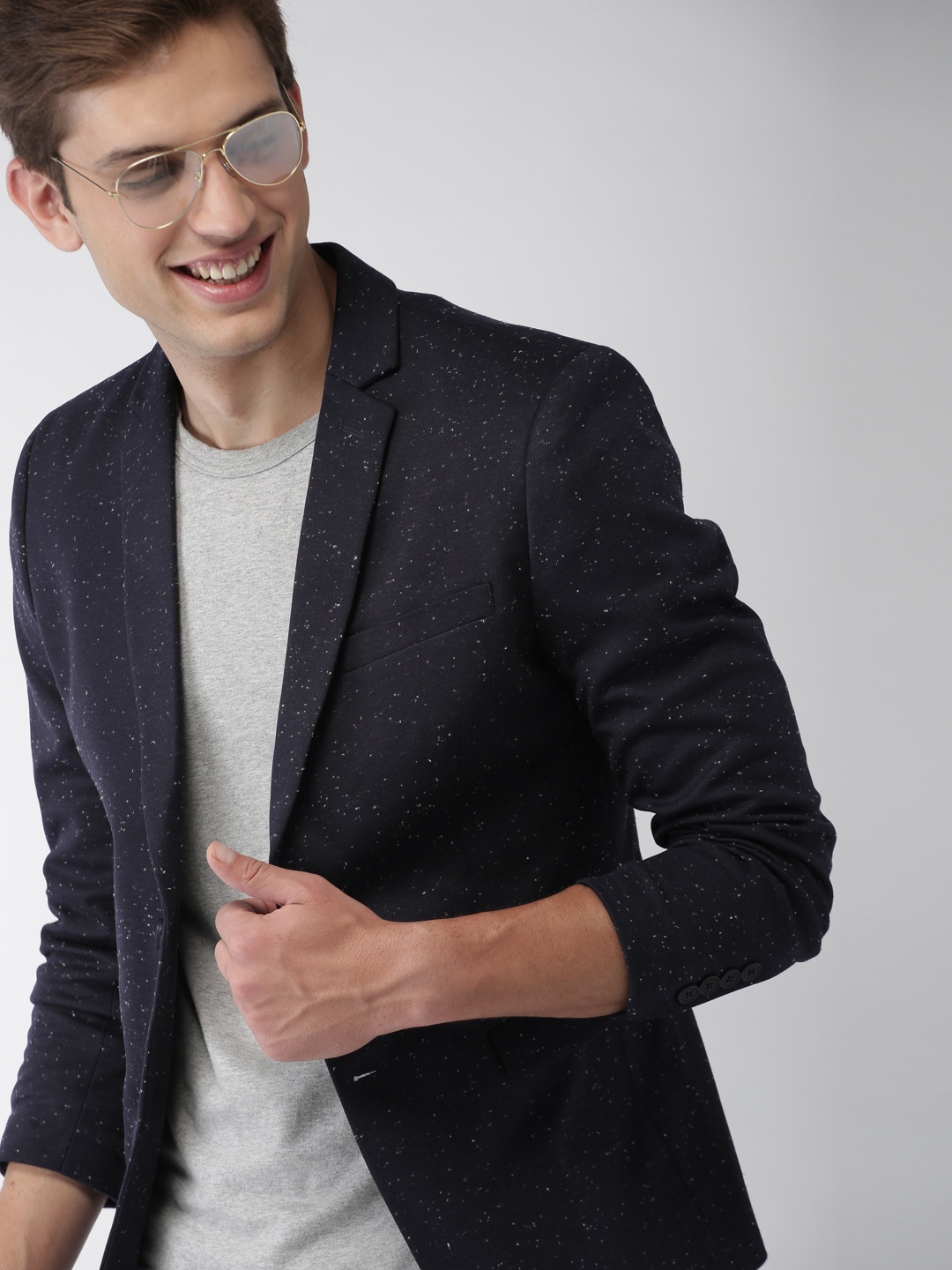 

Mast & Harbour Navy Blue Single-Breasted Knitted Blazer
