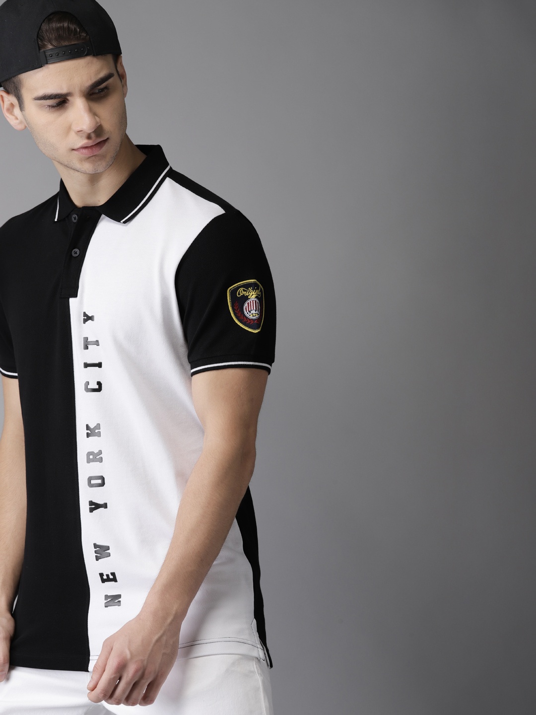

Moda Rapido Men Black White Colourblocked Polo Collar Pure Cotton T-shirt